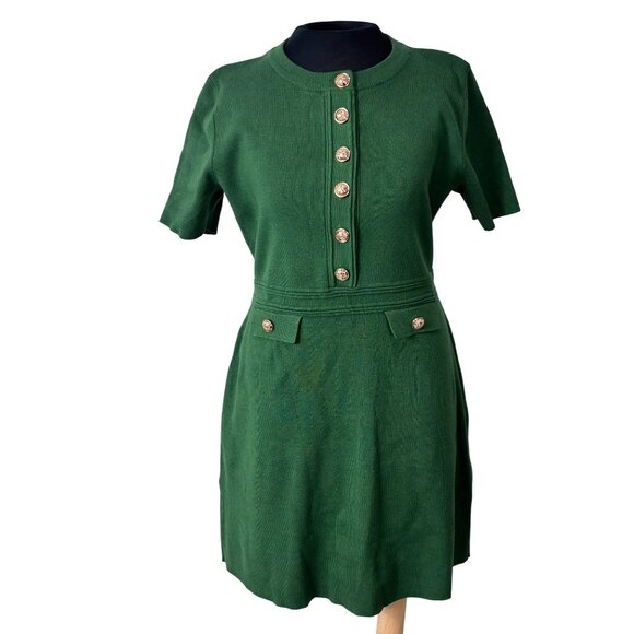 Merokeety Dresses & Skirts - Merokeety Green Short-Sleeve Knee-Length Dress With Gold Button Accents Ribbed D